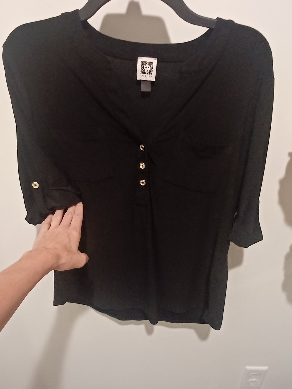 Anne Klein Black V-Neck Henley Pullover Top with Gold Buttons